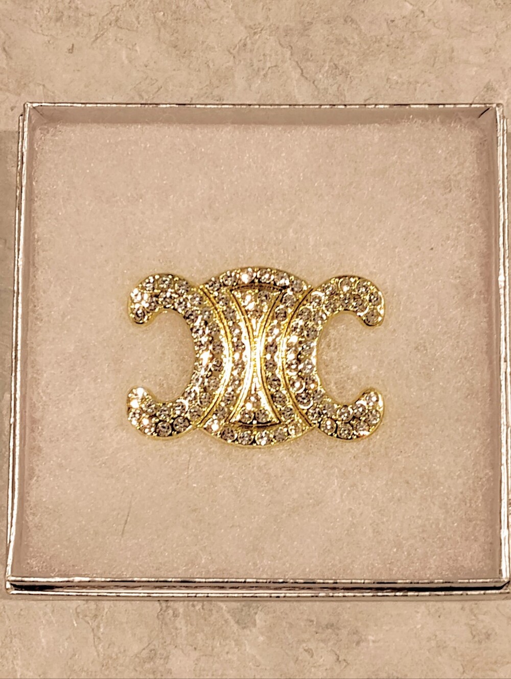 Celine Gold Crystal Double-Crescent Brooch
